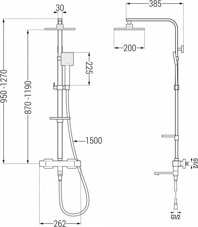 Mexen CQ45 set cadă-duș cu duș cu efect de ploaie și baterie termostatică, crom - 779104595-00