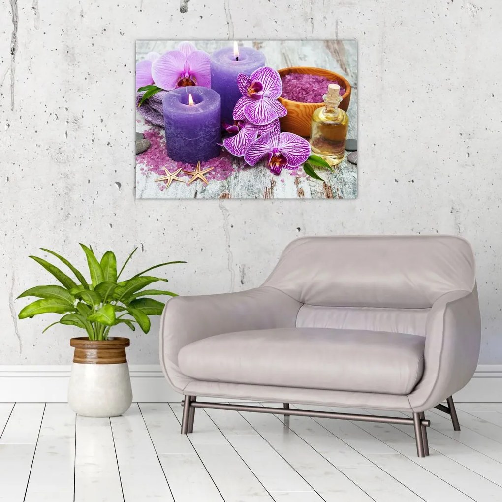 Tablou pe sticlă cu orhidee și lumănări (70x50 cm)