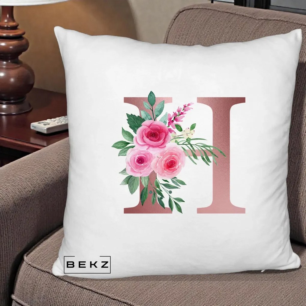 Cadou Personalizat - Perna Personalizata Monograma Rose Gold Litera H, 40x40 cm, Alb Pufos, Husa Detasabila, Perna Inclusa, BEKZ®