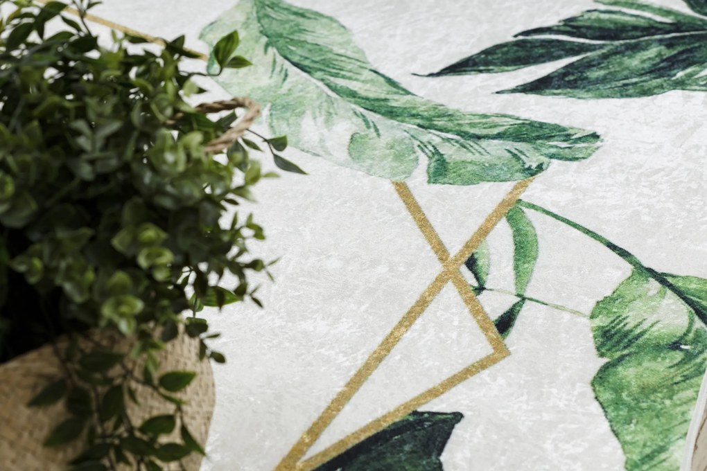 ANDRE 1168 covor lavabil Monstera pleacă, geometric anti-alunecare - alb / verde - SECUNDAR-COTATI PRODUSUL