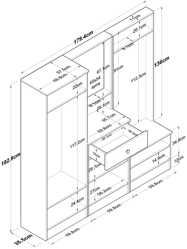 Mobilier hol Pixie 3 (alb + nuc) (cu oglindă). 1102450