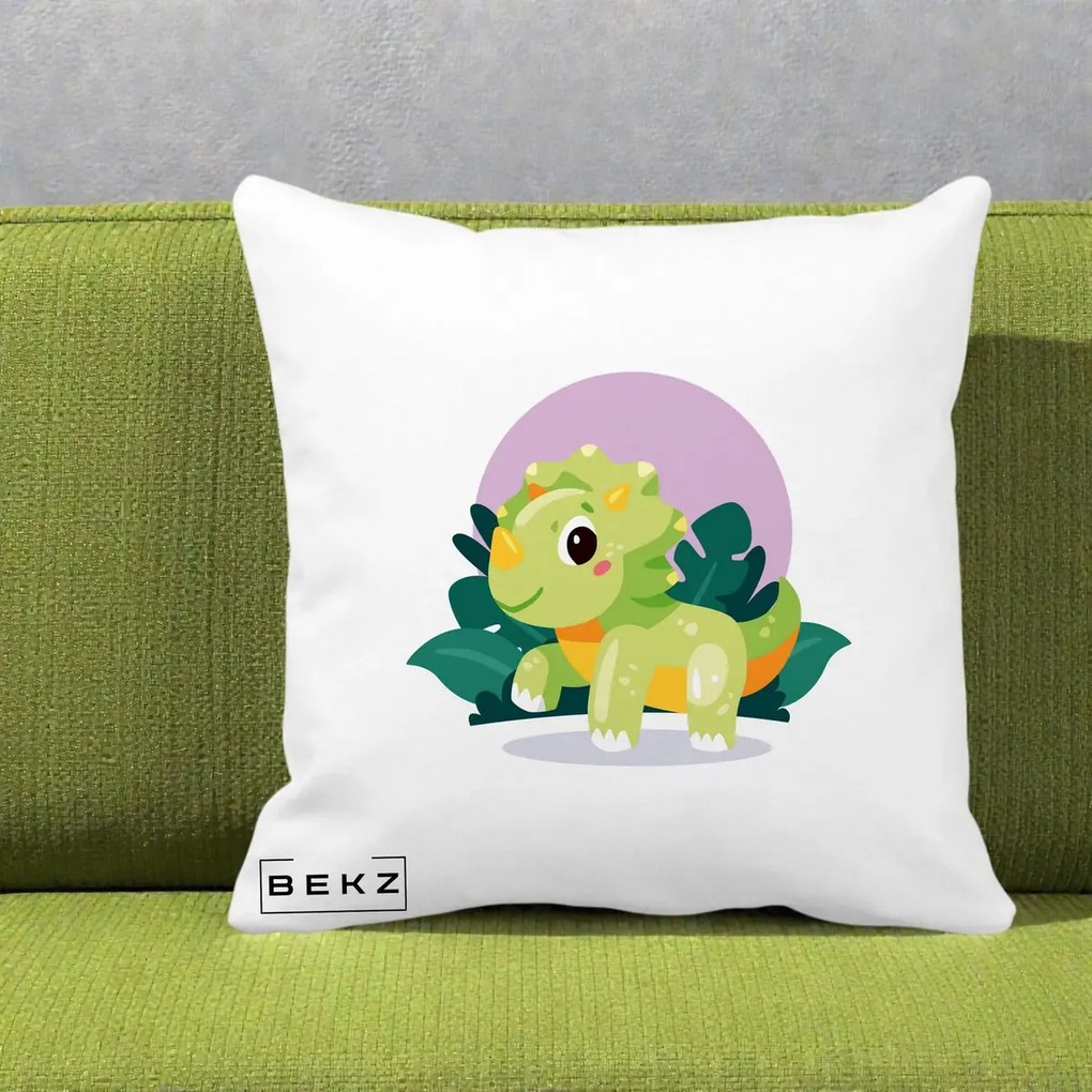 Perna Decorativa Triceratops Kawaii Verde, 40x40 cm, Alba Mata, Husa Detasabila, Perna Inclusa, BEKZ®