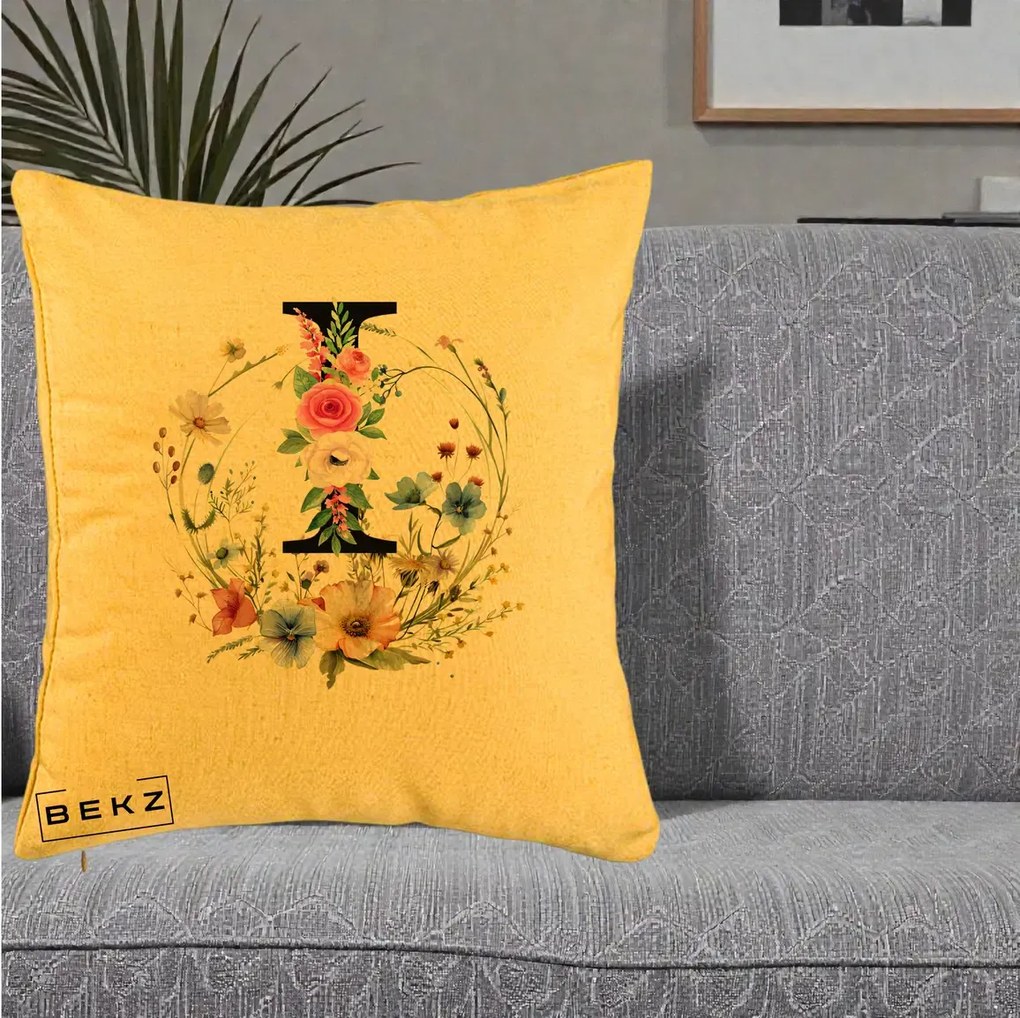 Cadou Personalizat - Perna Personalizata Monogram Litera I cu Flori Acuarela, 40x40 cm, Galben, Husa Detasabila, Perna Inclusa, BEKZ®