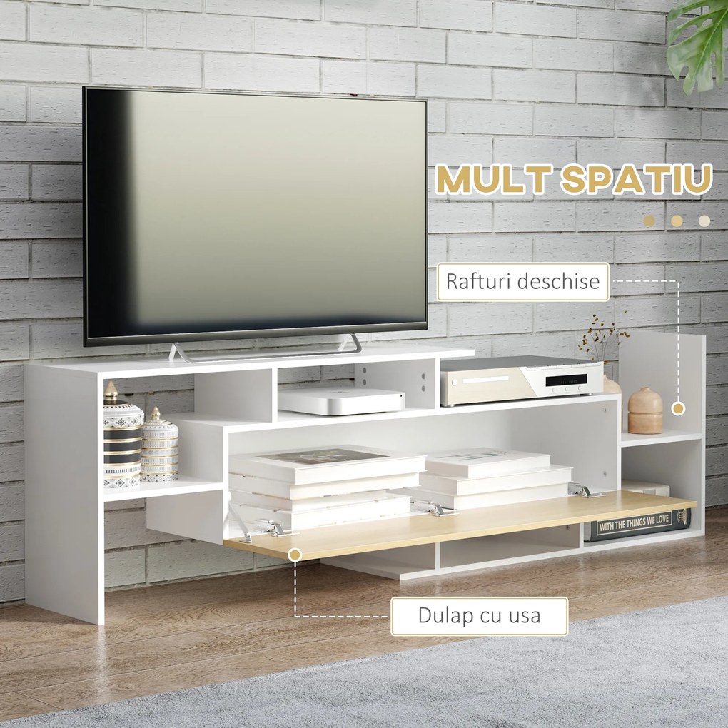 HOMCOM Dulap TV cu Raft de Perete, Rafturi Deschise și Dulăpior din Lemn, Mobilier TV Modern, 153,6x25x42 cm, Alb | Aosom Romania