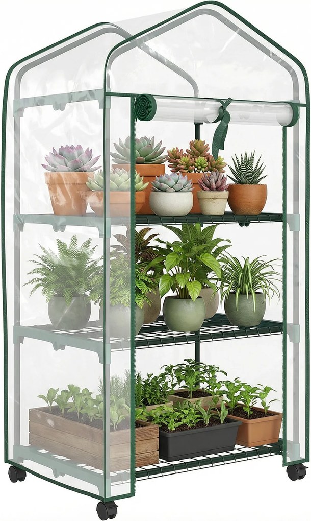 Outsunny Mini seră de grădină cu 3 rafturi, prelată PVC de înaltă densitate, ușă rulabilă 4 roți 69 x 49 x 130 cm transparent | Aosom Romania
