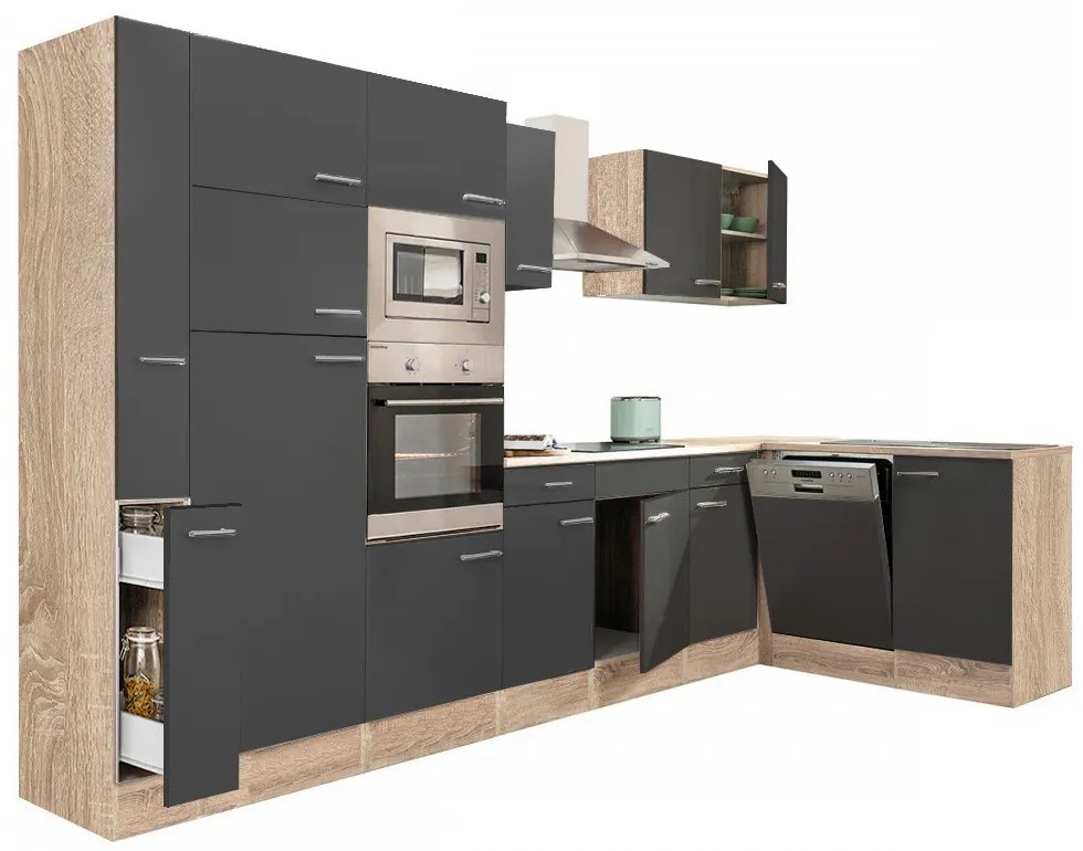 Mobilă de bucătărie de colț Yorki 370, corp din stejar sonoma, cu față antracit satinat