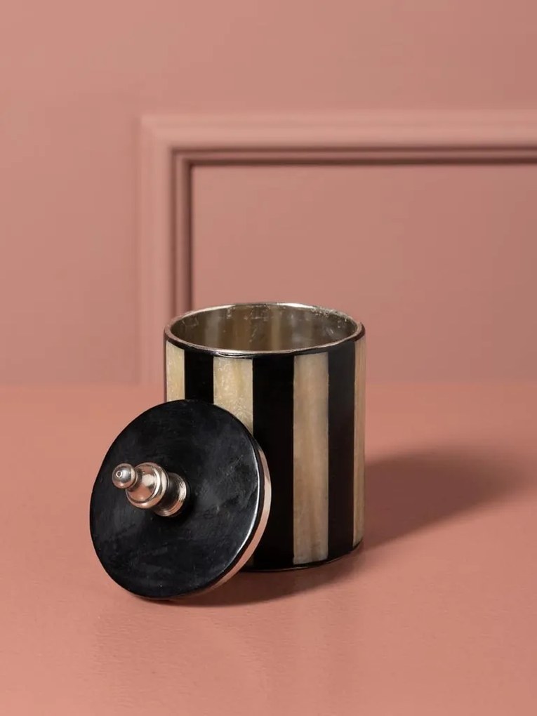 Set 2 cutii decorative din metal și rășină, dungi negre și natur, capac negru cu buton argintiu, finisaj lucios, 20 x 12,5 cm, „Élégance”