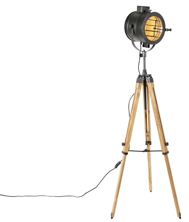 Lampa de podea trepied neagra cu spot de studio din lemn - Radient