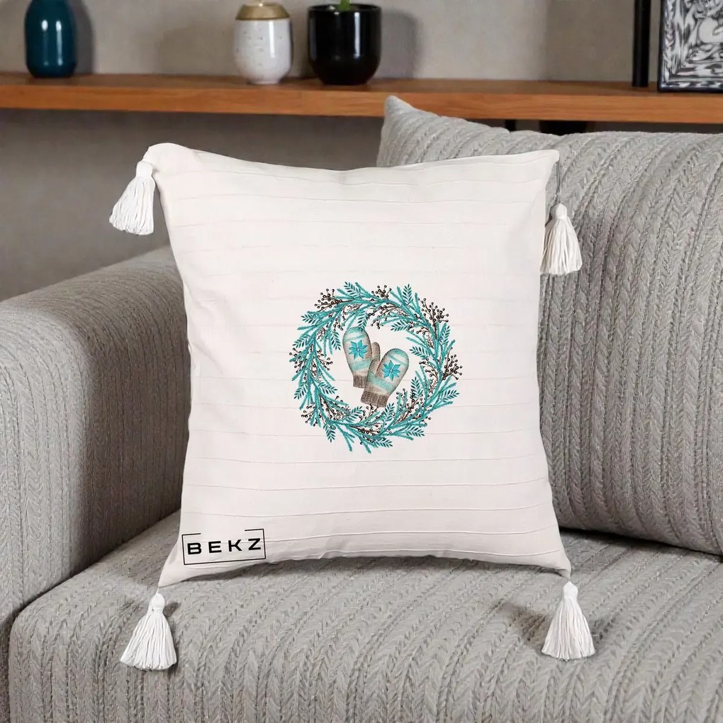 Perna Decorativa Coroana Turcoaz cu Manusi, 40x40 cm, Bej cu Franjuri, Husa Detasabila, Perna Inclusa, BEKZ®