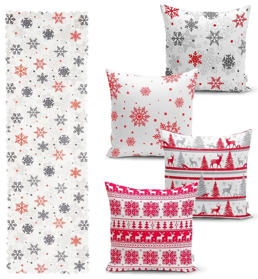 Set 4 fețe de pernă și un napron de masă cu model de Crăciun Minimalist Cushion Covers Red Christmas