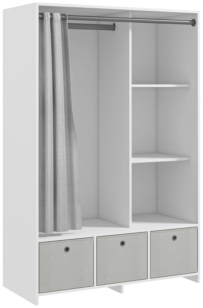 HOMCOM Dulap pentru haine dulap de depozitare cu bară cortină 3 sertare din material textil detașabile 105 x 48 x 160 cm alb | Aosom Romania