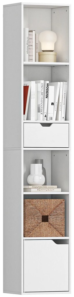 HOMCOM Raft pentru cărți cu 6 niveluri, reglabil în 3 trepte, cu sertar, ușă de dulap, raft personalizabil, raft de expunere, Alb | Aosom Romania