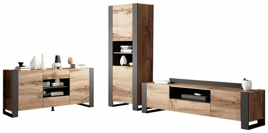 Set camera de zi Charlotte D106Antracit, Wotan stejar, Părți separate, Cu comodă TV, Cu componente suplimentare, PAL laminat, 171x44cm, 167 kg