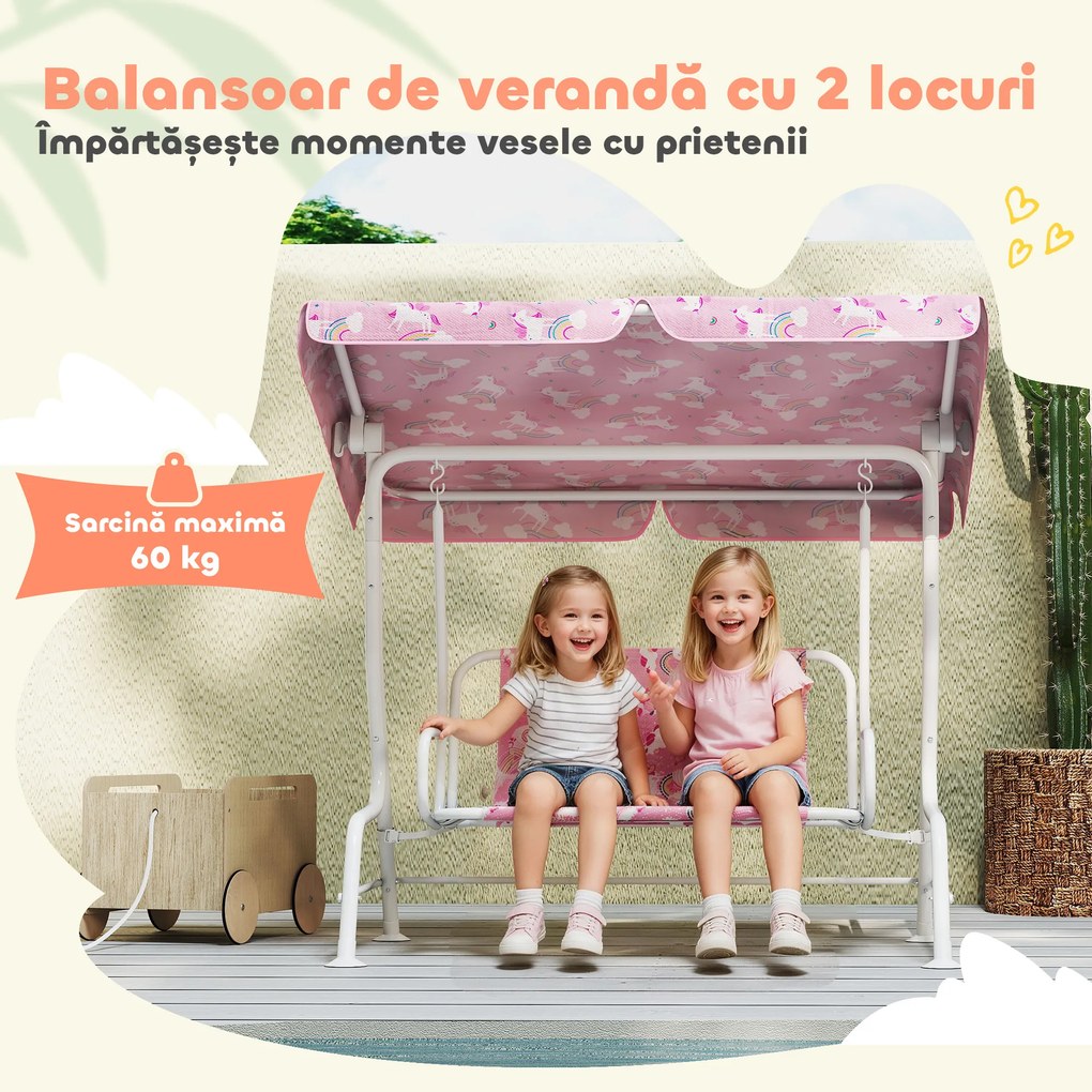 AIYAPLAY Leagăn pentru Copii de Exterior cu 2 Locuri, Acoperiș Reglabil și Centuri de Siguranță, Leagăn Grădină și Interior din Oțel și Material Oxford, Max 60 kg, 112x75x120 cm, Roz | Aosom Romania