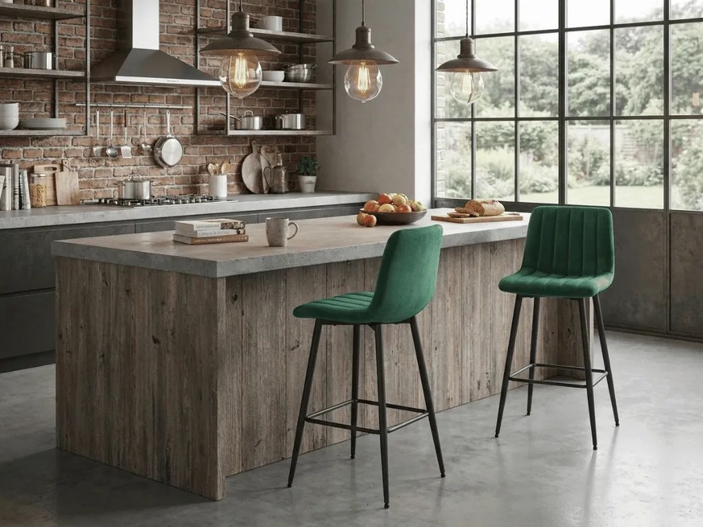 Scaun de bar POZZA VELVET cu picioare negre, verde inchis