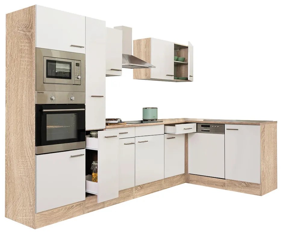 Mobilă de bucătărie de colț Yorki 310, corp din stejar Sonoma, cu față alb satinat