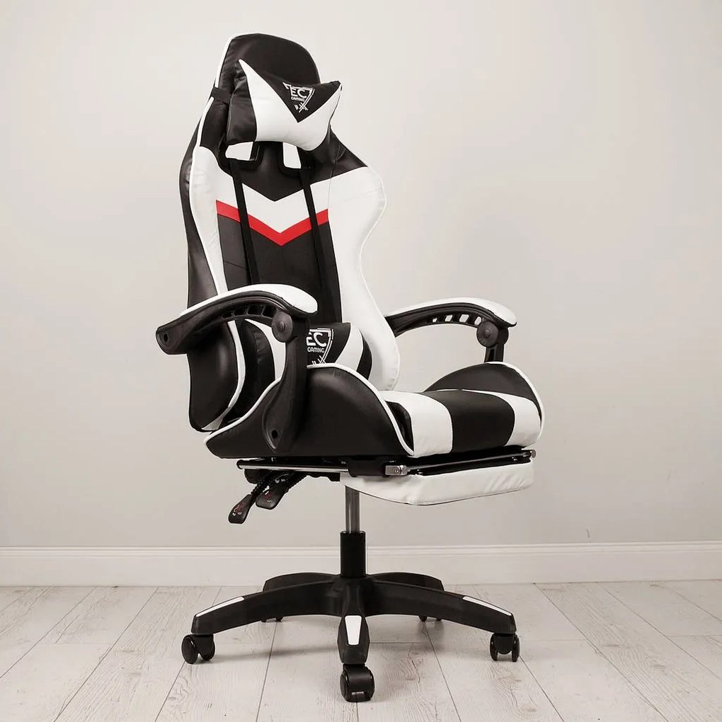 JAKS PREMIUM SCAUN GAMING REGLABIL ECO - PIELE NEGRU-ALB + PERNĂ DE MASAJ