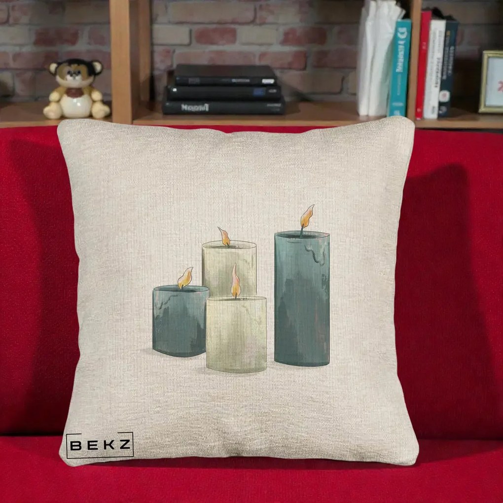 Perna Decorativa Lumanari Hygge Alb-Verde, 40x40 cm, Bej Canapea, Husa Detasabila, Perna Inclusa, BEKZ®
