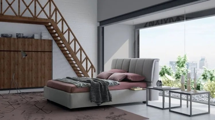 Pat cu somiera rabatabila si lada de depozitare, tapitat cu stofa, Inside Gri, 200 x 180 cm + Suport carte + Lenjerie Bonus