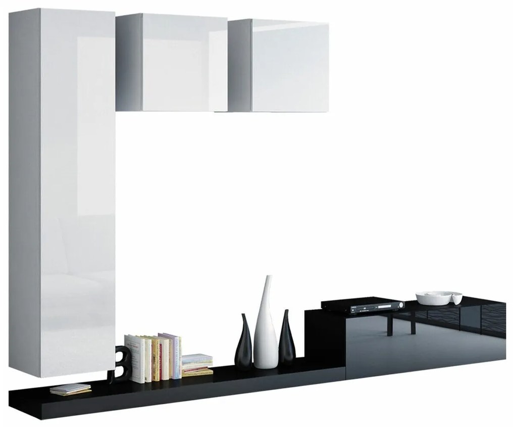 Mobilă pentru sufragerie Charlotte 112 Negru lucios, Alb, Alb lucios, Negru, Părți separate, Cu comodă tv, PAL laminat, 300x42cm, 89 kg