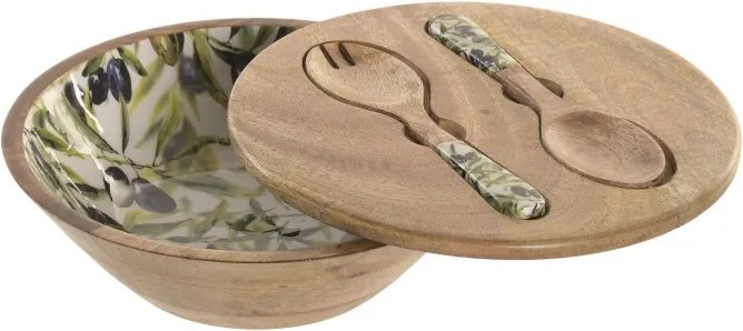 Set 3 boluri salată Mediterranean verde cu accente naturale din lemn de mango cu structură din rășină – "Olivia"