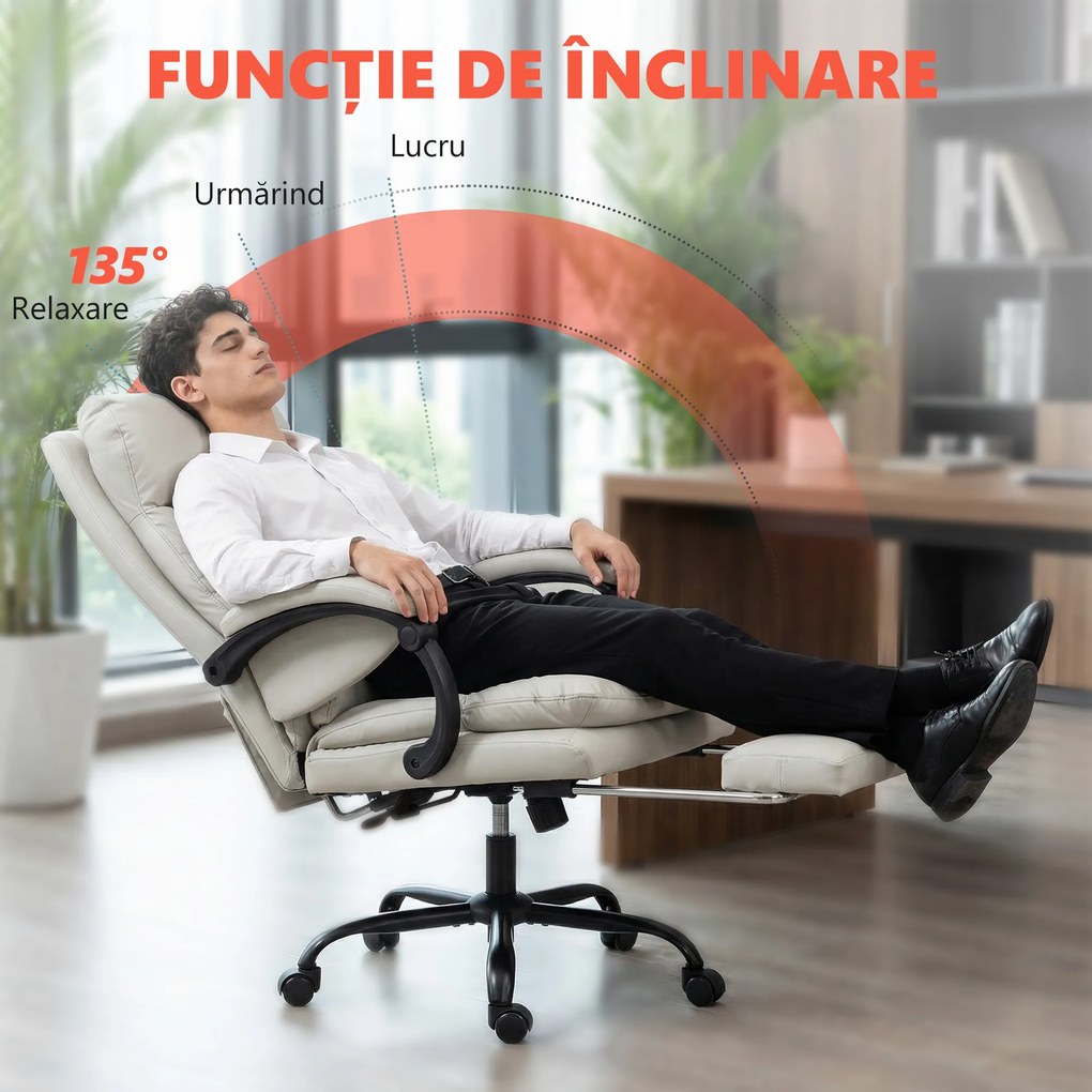 HOMCOM Scaun de Birou cu Masaj la 6 Puncte și Funcție de Încălzire, Reglabil 135° din Piele PU cu Suport pentru Picioare, Brațe Tapițate, Înălțime Reglabilă, Spătar Înalt, Gri Deschis | Aosom Romania