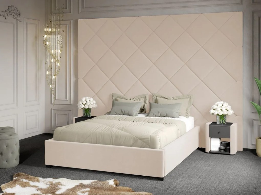 Pat Tapitat cu Panou 305x228 C3 Dubai cu somiera fixa Crem - Velluto 2 160x200