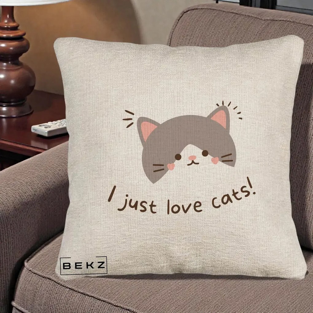 Perna Personalizata I Just Love Cats Pisica Kawaii, 40x40 cm, Bej Canapea, Husa Detasabila, Perna Inclusa, BEKZ®