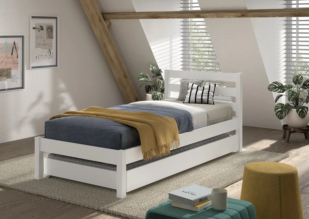 Pat single alb 90 x 200 cm din colecția PINO, cu sertar pentru dormit sau depozitare – Vipack