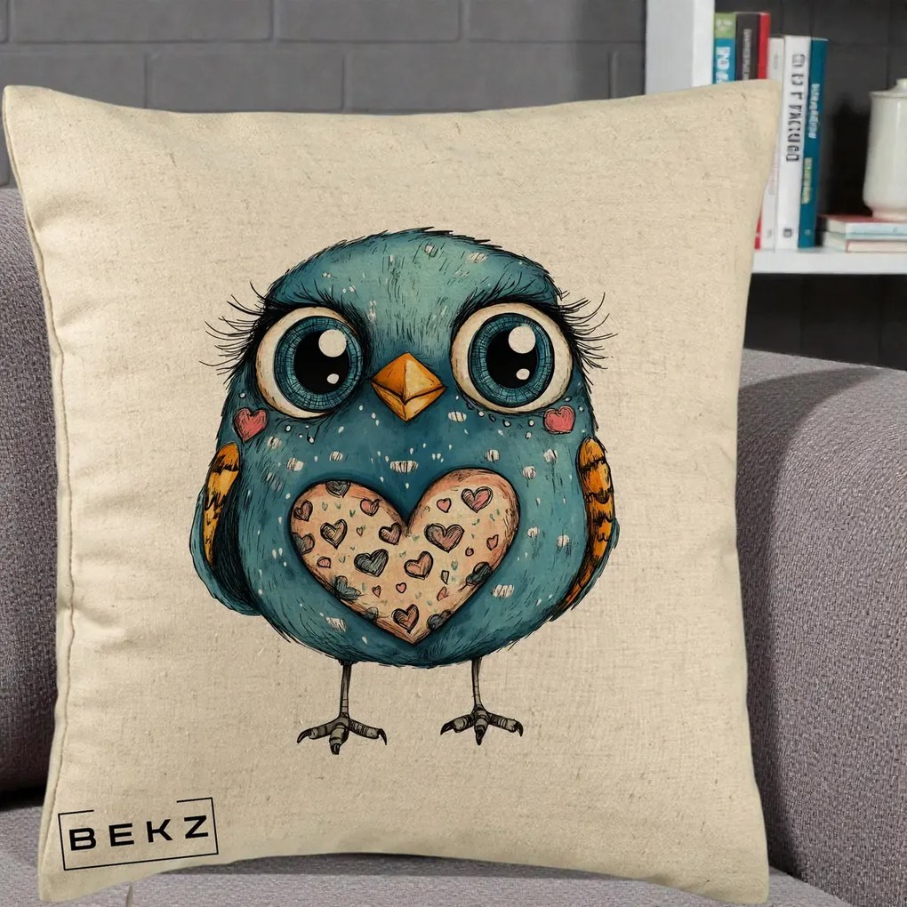 Perna Decorativa Bufnita Albastra cu Inimioare, 40x40 cm, Bej, Husa Detasabila, Perna Inclusa, BEKZ®