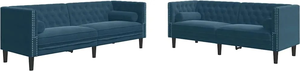 vidaXL Set canapele Chesterfield perne rulou 2 piese albastru catifea