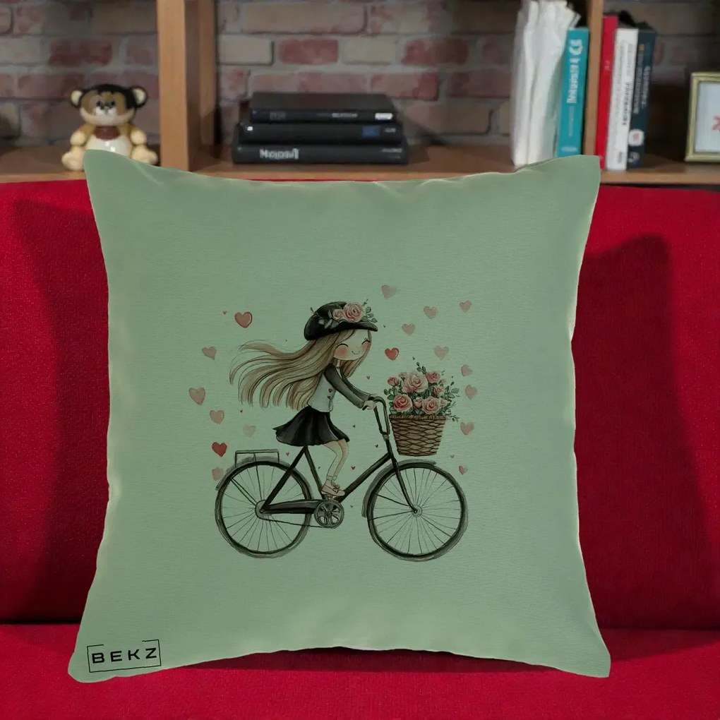 Perna Decorativa Fetita Kawaii pe Bicicleta cu Trandafiri si Inimioare, 40x40 cm, Verde, Husa Detasabila, Perna Inclusa, BEKZ®