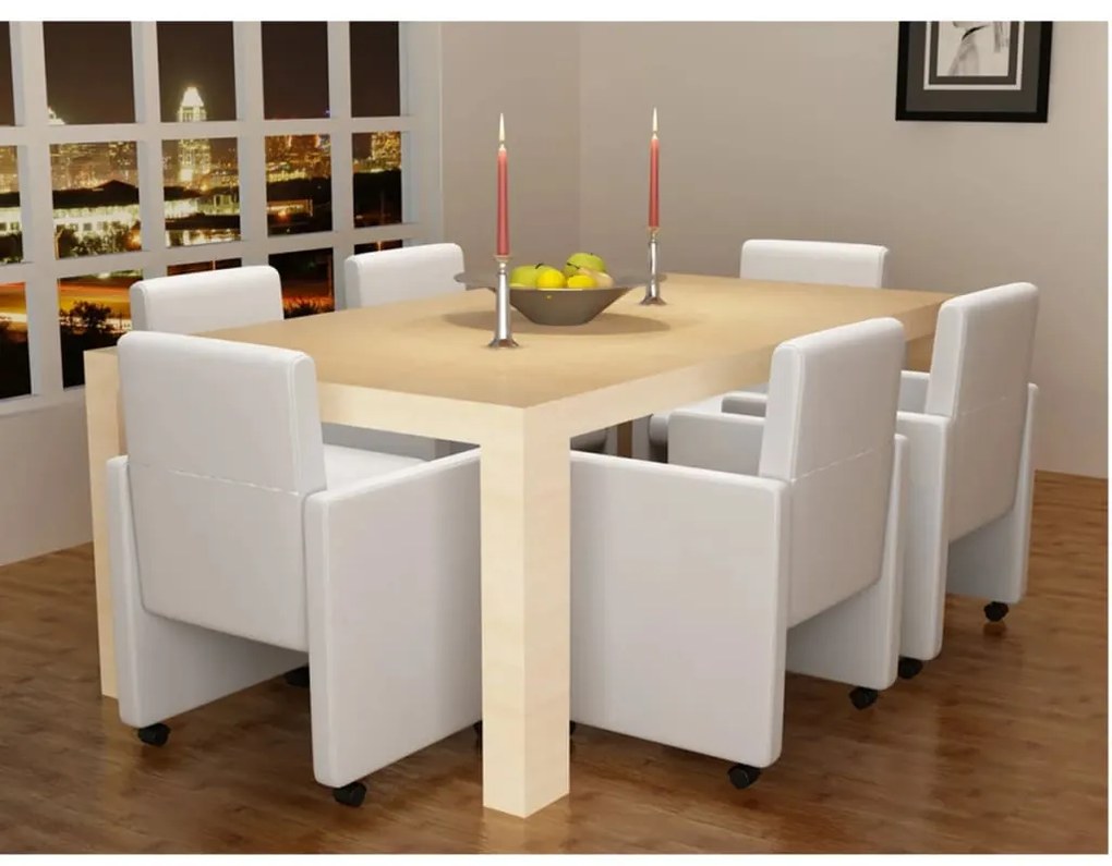 vidaXL Scaune de bucătărie, 6 buc., alb, piele ecologică