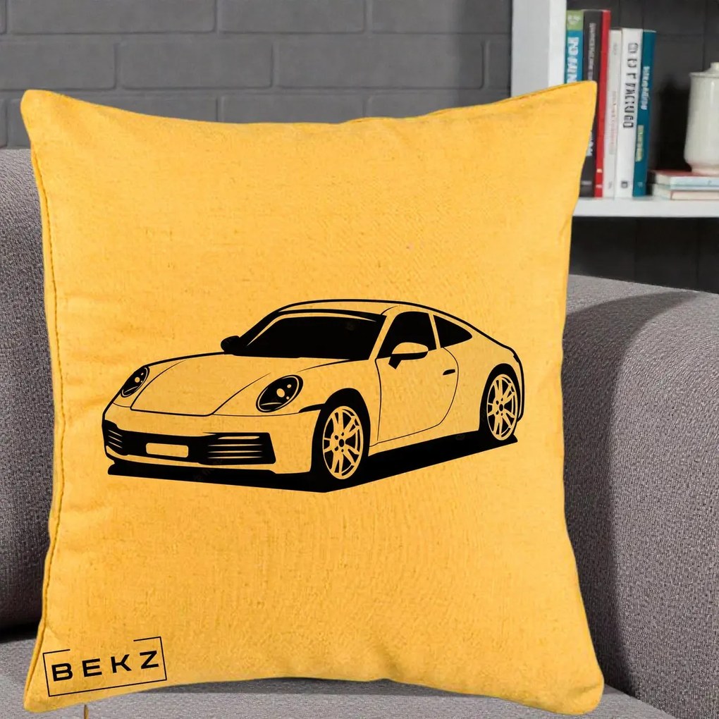 Perna Personalizata Porsche 911 Silueta, 40x40 cm, Galben, Husa Detasabila, Perna Inclusa, BEKZ®