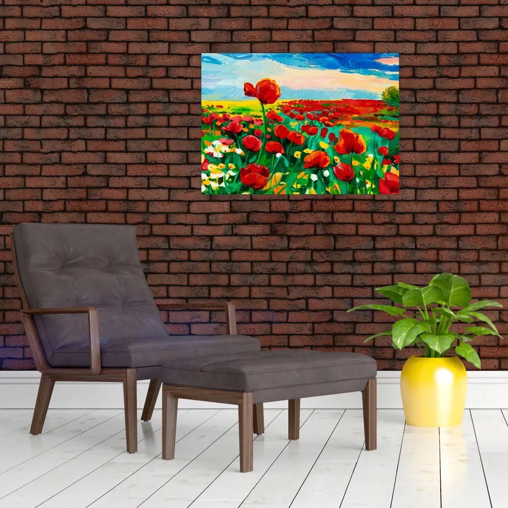 Tablou pe sticlă - Câmp cu maci (70x50 cm)