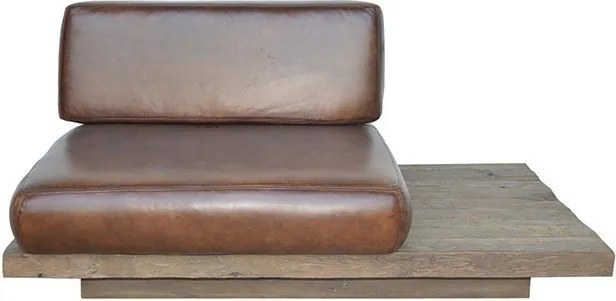 Canapea modulară 1 loc din piele naturală maro, cu platformă din lemn reciclat pe stânga și spătar pe cadru metalic, 82 x 140 x 90 cm, „Oxford”