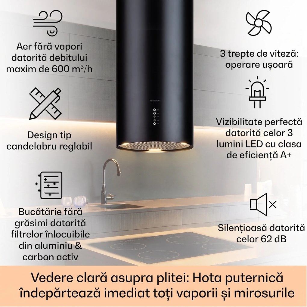Klarstein Bolea, hota tip insulă, Ø38cm, mod de recirculare/extracție a aerului, 651m³/h, LED, inclusiv filtre de cărbune activ