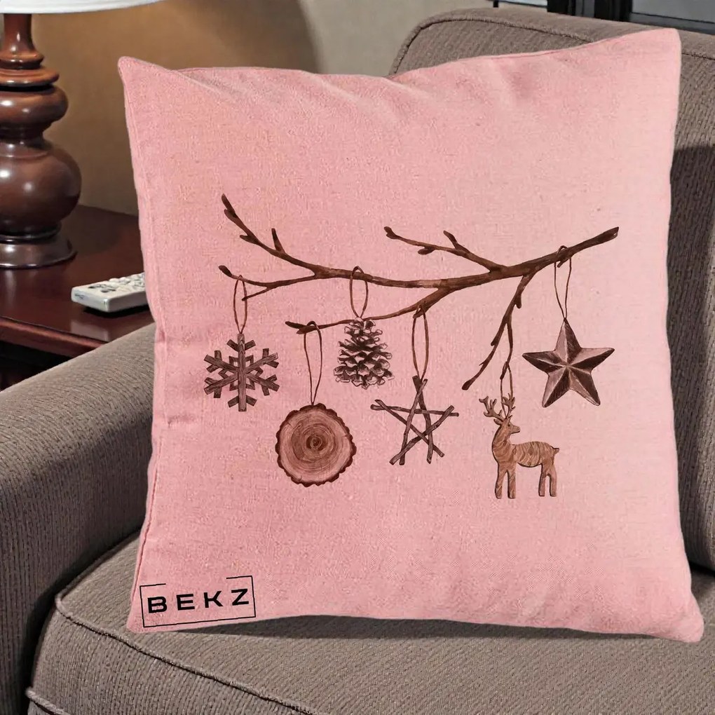 Perna Decorativa Ornamente de Lemn pe Ramura, 40x40 cm, Roz, Husa Detasabila, Perna Inclusa, BEKZ®