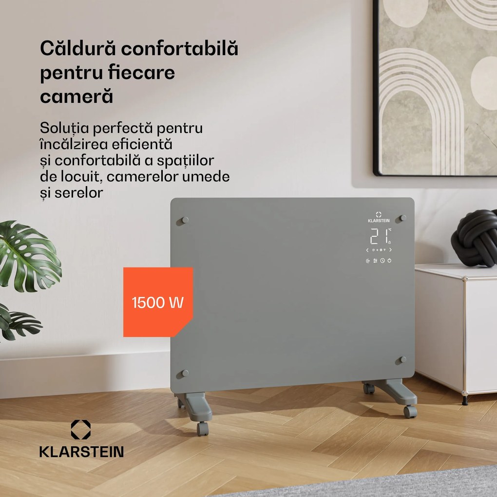 Klarstein Bansin Crystal Smart Kovektor 1500, 1500 W, Aplicație, 5- 50 °C, Afișaj LED, Ecran tactil