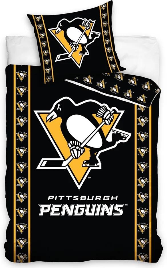 Lenjerie de pat NHL Pittsburgh Penguins Stripes, din bumbac, 140 x 200 cm, 70 x 90 cm