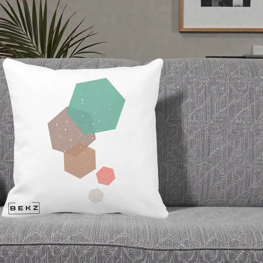 Perna Decorativa Geometric Hexagoane Pastel, 40x40 cm, Alba Mata, Husa Detasabila, Perna Inclusa, BEKZ®