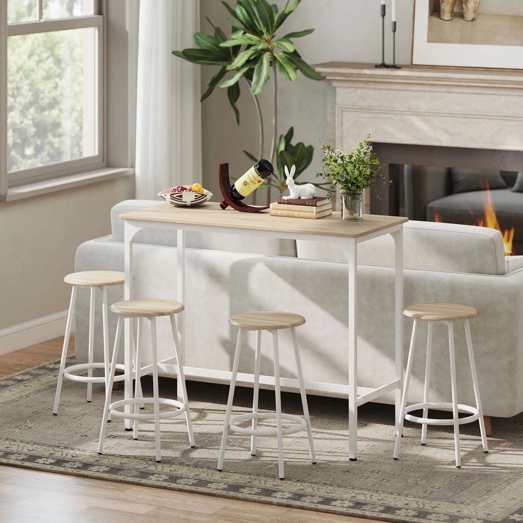 HOMCOM Set de Dining 5 Piese cu Bar 110x50x89,5 cm și Scaune Ø30x60,5 cm din Lemn și Metal Nuanță Lemn | Aosom Romania