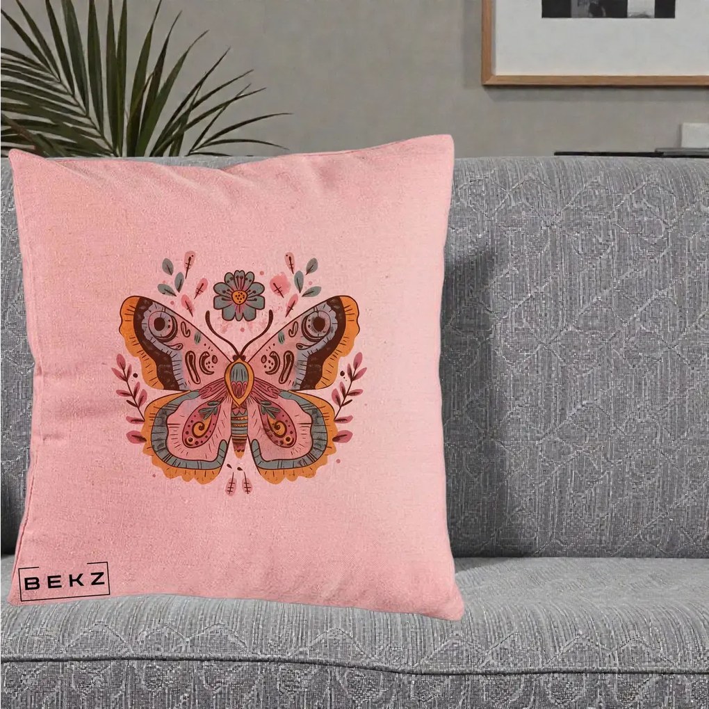 Perna Decorativa Fluture Boho Floral, 40x40 cm, Roz, Husa Detasabila, Perna Inclusa, BEKZ®