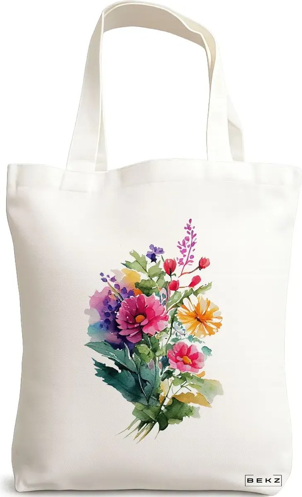 Sacosa de Panza pentru Cumparaturi, Geanta Tote, model The Bouquet, 38x34.5 cm, Alba, BEKZ®