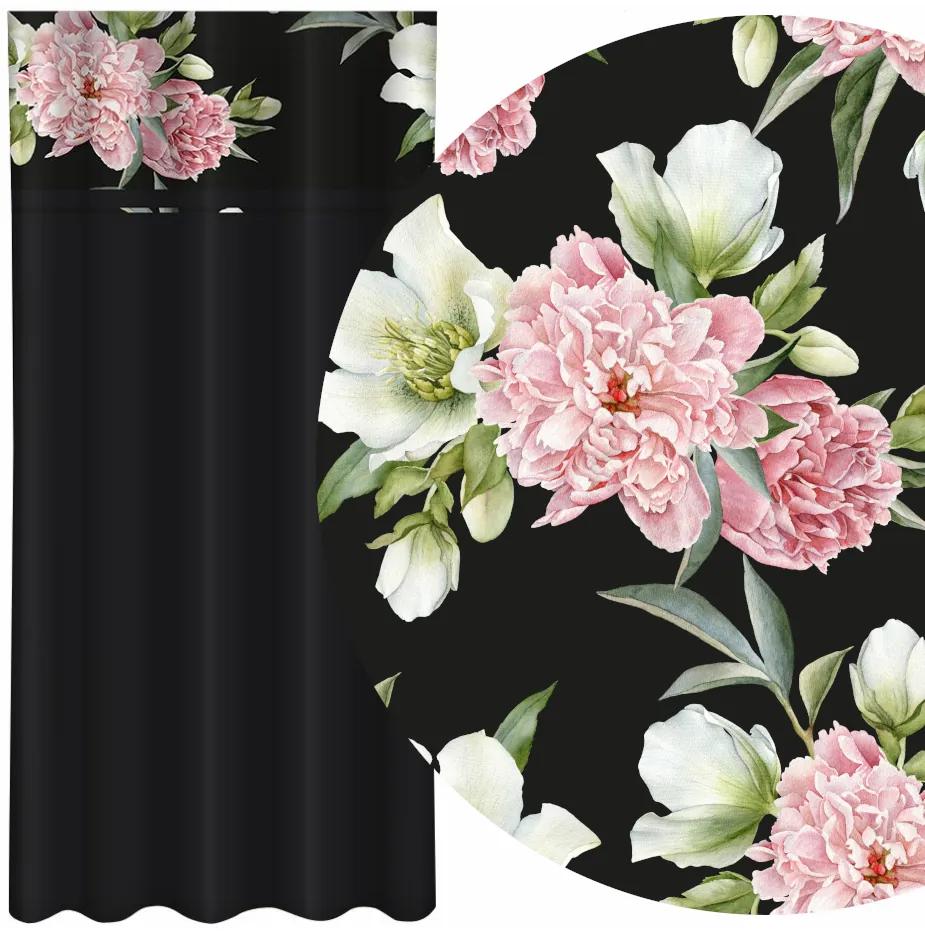 Draperie neagră simplă cu imprimare de bujori roz și alb peonii roz și alb Lățime: 160 cm | Lungime: 250 cm