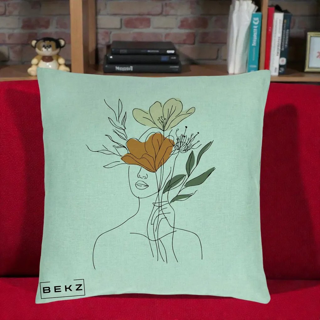 Perna decorativa line art Portret Feminin Coroana Florala, 40x40 cm cu Umplutura, Verde Menta, BEKZ