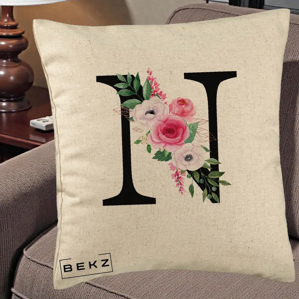 Cadou Personalizat - Perna Personalizata Monograma Florala Litera N, 40x40 cm, Bej, Husa Detasabila, Perna Inclusa, BEKZ®