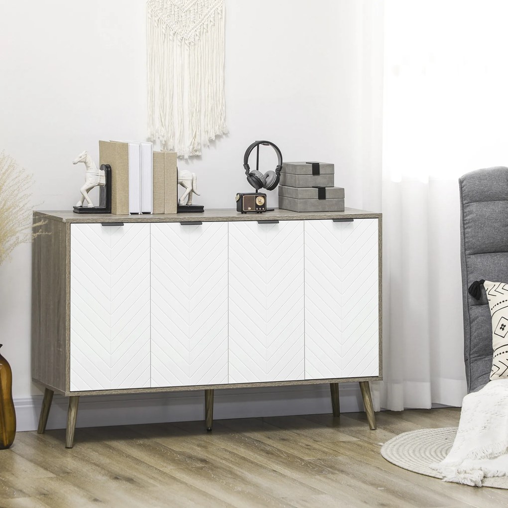 HOMCOM Bufet jos, mobilier de depozitare, 2 dulapuri, 4 uși, model chevron, polițe reglabile, 120 x 35 x 77,4 cm, alb și gri | Aosom Romania