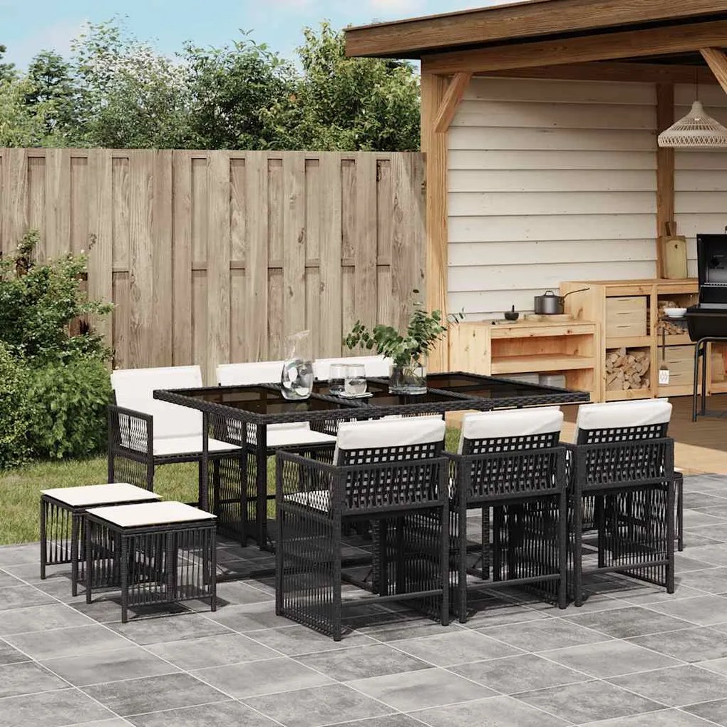 vidaXL Set mobilier de exterior cu perne, 11 piese, negru, poliratan