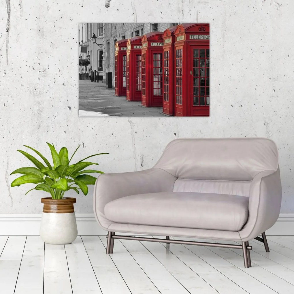 Tablou pe sticlă - Cutii telefonice din Londra (70x50 cm)